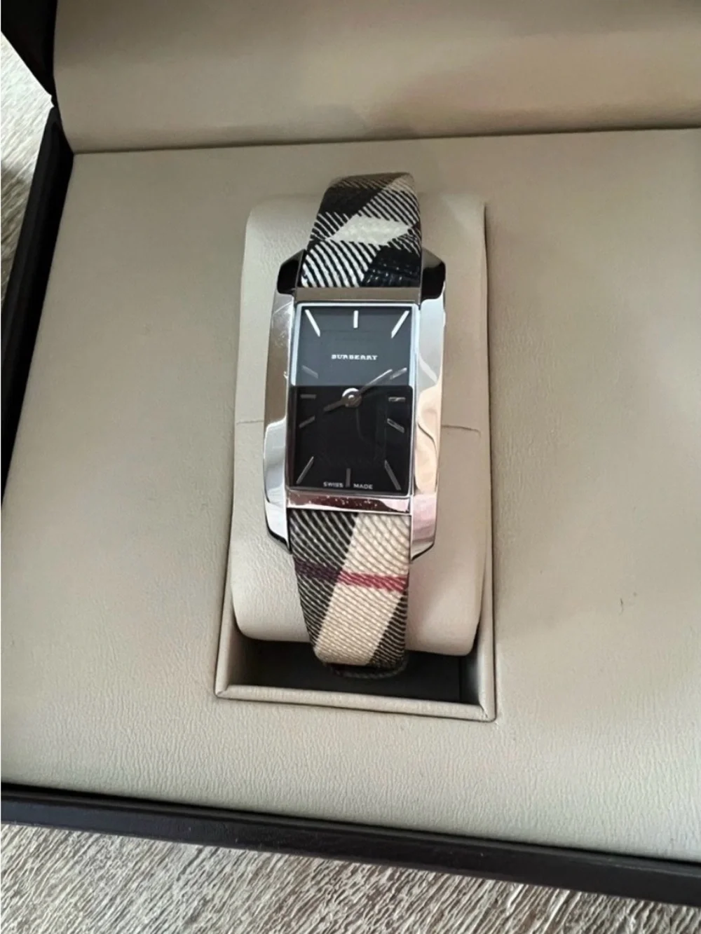 Burberry Plaid Strap Rectangular Watch in Beige, Black, Red